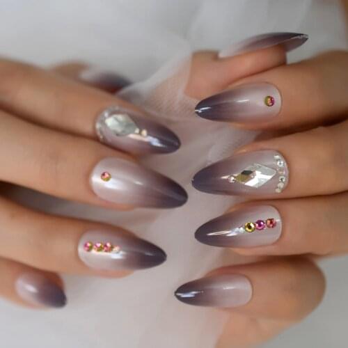 Luxury Diamond False Nails Medium Almond With Designs Acrylic Press On Nail With Rhinestone Crystal Ombre Nails Fake