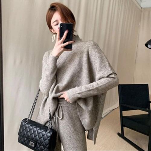SMTHMA New Winter Women Set Warm Knitted Turtleneck Loose Sweater + Vest + High Waist Wide Leg Pants 3pcs Fashion Suit