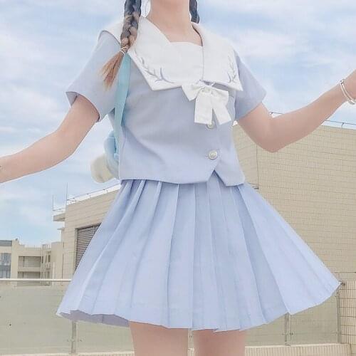 Japanese College JK Uniforms Short-Sleeved Top High-Waisted Solid Color Pleated Skirt Piece Female Summer school skirt