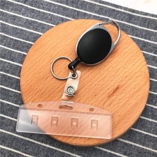 Retractable Pull Badge Reel Horizontal Half Card Badge Holder For Swipe ID Cards Frosted Rigid Plastic-Transparent Belt Key Ring