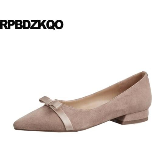 Suede grey genuine leather bow slip on nude fashion pointed toe designer custom women flats shoes with little cute bowtie 2019