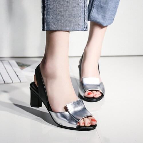 Summer Thick Med Heel Sandals Women Fish Mouth Back Strap Genuine Leather Silver Black Casual Shoes Female 2021 New Fashion