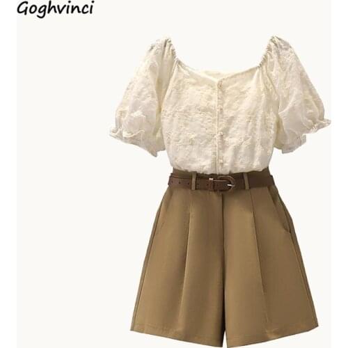 Women Sets Trendy Short Puff Sleeve Single Breasted Plus Size M-4XL V-neck Lace Tops High Waist Solid Pleated Shorts All-match