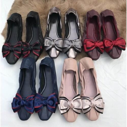 Classic Ballet Flats Shoes Women Genuine Leather Square Toe Bow Elegant FlatShoes Shallow Slip On Office Ladies Shoes Large Size