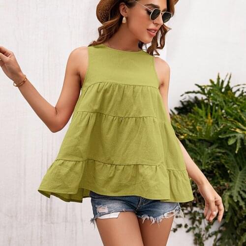 Women’s Summer Tops Fashion Ruffled O Neck Casual Loose Stitching Sleeveless Black Vests And Woman Tops 2021 T Shirt Femme
