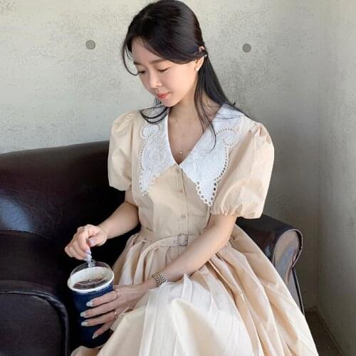 Korean Chic French Hollow Lapel Lace Stitching Single-Breasted Lace-Up Waist Lantern Sleeve Pleated Dress Women