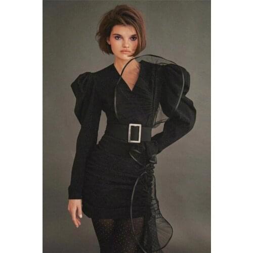2021 Women Summer New Black Draped Sexy V-neck Long Sleeve Ruffle Bodycon Mini Dress Club Night Party Vestidos