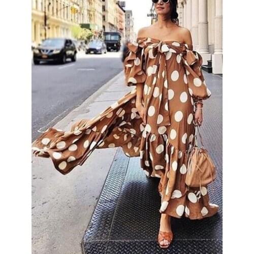 Ruffle Polka Dot Boho Dress Summer 2020 Women Off Shoulder Beach Maxi Dress Loose Plus Size Long Dress Brown Ladies Dresses