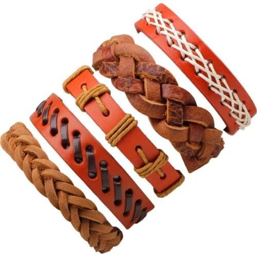 5pcs/set Boho Gypsy Hippie Punk Red Brown Leather Wax White Cord Rope Knots Layers Stacked Adjustable Bracelets Set for Man