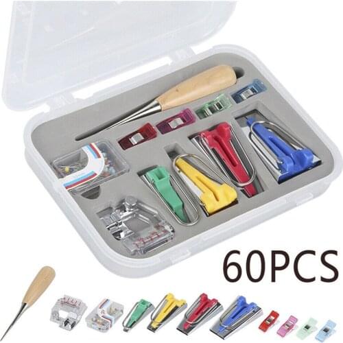 60pcs Fabric Bias Binding Tape Maker Kit Binder Foot Wooden Awl Clips Pins Household DIY Sewing Quilting Tool Set