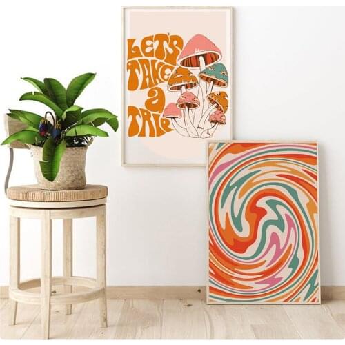 Abstract Canvas Poster Mushroom Rainbow Boho Prints Vintage Retro Art Picture for Bedroom Frameless Home Room Decoration Decor