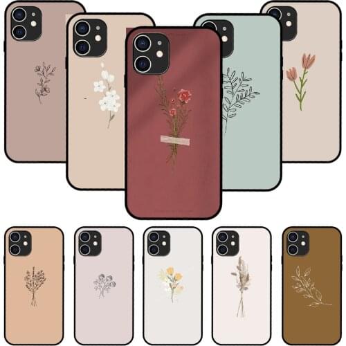 For iPhone 11 12 8 Plus Mini Pro X XR XS Max 4 5 7 6 6S 8 SE Phone Case Black Cover Prime Fashion Waterproof Simple Flower