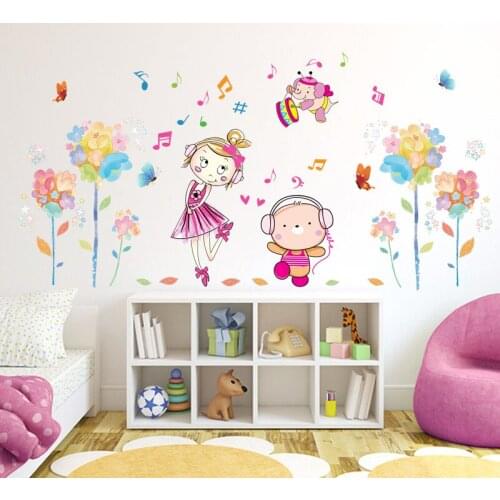 Flowers Cute Girl Music Wall Mural Poster Home Decor Kids Room Kindergarten Wall Decal Stickers Childhood Dream Wall Paper Art