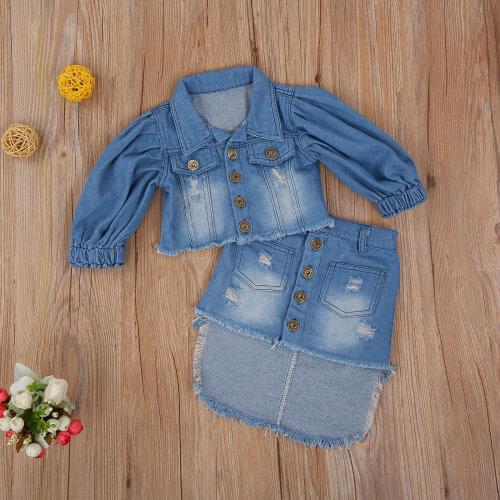 Kids Two- piece Clothes Set Girls Blue Puff Sleeve Open Front Denim Jacket + Irregular Hem Skirt Outfits 1-6 Years 1-6T