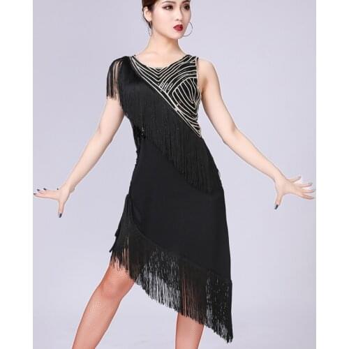 Women Sexy Sequin Fringe Dress V-Neck Sleeveless Ballroom Cha Cha Party Tassel Dress Sequined High Low Hem Bodycon Dance Dress