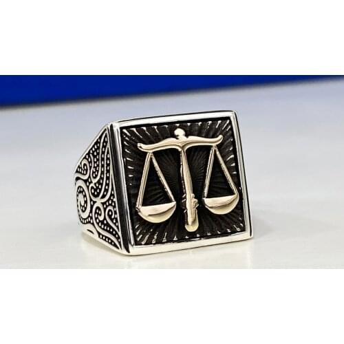 Solid 925 Sterling Silver Libra Motif Lawyer Ring Mens Ring Exclusive Jewelry Accessory For Mens Ring Made In Turkey