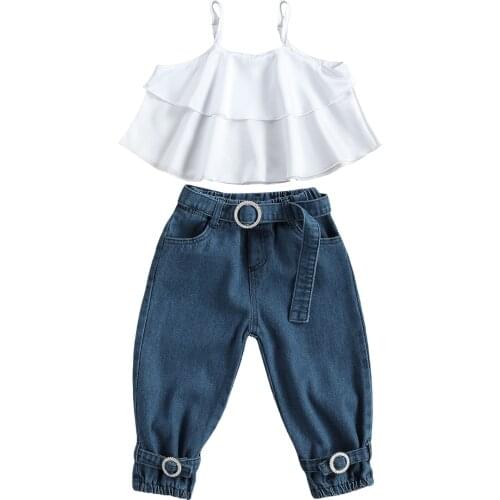SUNSIOM Toddler Baby Girls Summer Clothes Sets Spaghetti Straps Layered Ruffle Tank Tops and Denim Long Pants with Belt 18M-6T