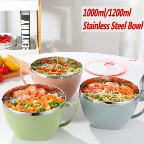 Kitchen Stainless Steel Noodle Bowl with Handle Double-layer Ramen Bowl Anti-scalding Instant Noodle Bowl with Lid Tableware