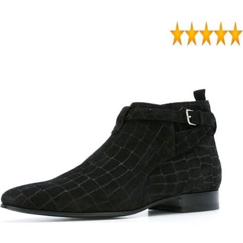 Real New Cowhide Business Man Leather Luxury Chelsea Office Work Safety Shoes Buckle Plaid Printed Pointed Toe Ankle Boots