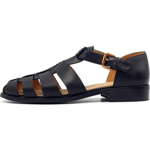 2020 Men Gladiator Sandals Genuine Leather Handmade Vintage Solid Black Street Sandals Summer Shoes British Buckle Flat Sandals