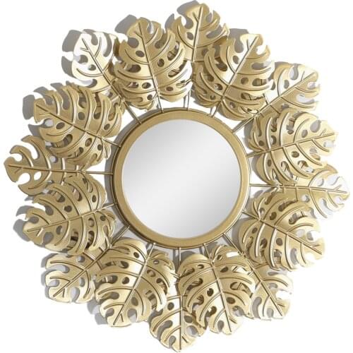 Wall Hanging Mirror Golden Monstera Decorative Wall Mirror Gold Leaf Makeup Mirror For Living Room Bedroom