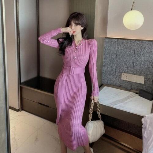 2020 Autumn Winter New Style Temperamental Celebrity Style Knitted Dress Sexy V-neck ladys pullover
