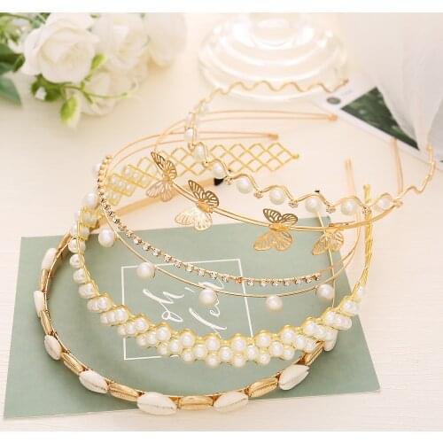 Fashion Thin Metal Pearls Crystal Head Hoop Women Headband Korean Double Row 3 Drainage Hairband Pearl Hair Accessories Tiaras