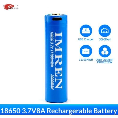 IMREN 3.7V 18650 Rechargeable Lithium Iion Battery 3000mAh with USB Port Protection Circuit Charging Cable Great for Flashlight
