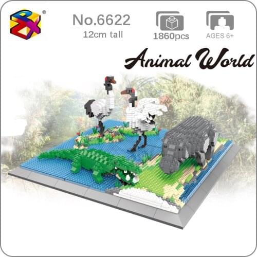 PZX 6623 Animal World Hippo Alligator Crane Bird 3D Model DIY Mini Diamond Blocks Bricks Building Toy for Children no Box