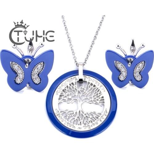 Romantic Fine Bride Blue Ceramic Sets White Crystal Blue Life Of Tree Pendant Necklace U Shape Earrings Set For Women