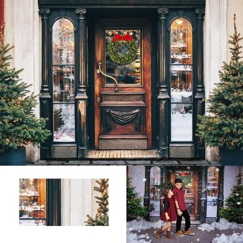 Christmas Backdrop Shop Door Christmas tree Wreath Snowflake Baby Children Photography Background Toy soldier Decor Banner
