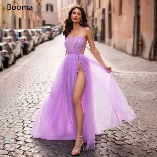 Sexy Lavender Prom Dresses Strapless High Slit A-Line Party Dresses Sleevless Pleated Tulle See-through Evening Dresses
