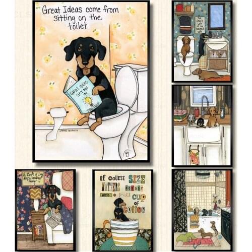 Nordic Toilet Dog Read Book Poster Funny Cartoon Animals Canvas Painting Kids Room Bathroom Decoration Art Wall Pictures