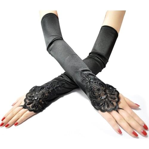 Vintage 1920s Fingerless Lace Sequins Satin Classic Party Gloves Costume Accessories Stretch Opera Black Women Long Lace Gloves