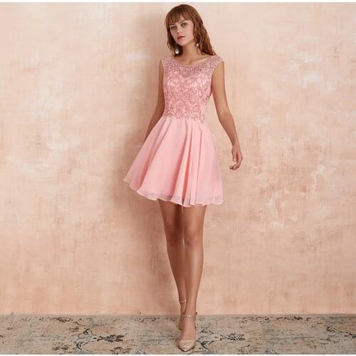 VKBRIDAL Pink Homecoming Dresses 2019 Fashion Cute Cap Sleeve Chiffon Lace Beaded Short Prom Gowns