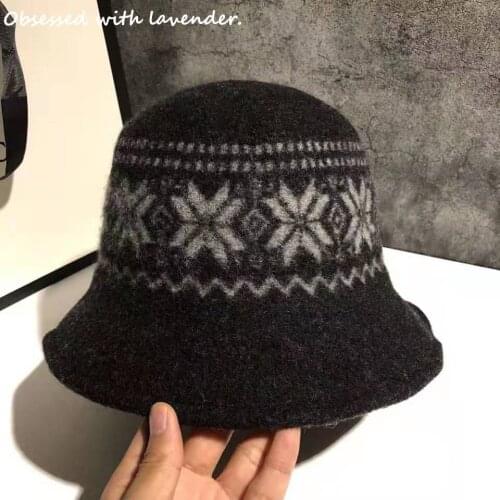 High-quality wool fisherman hat female autumn and winter basin hat Korean wool black elegant snowflake pattern