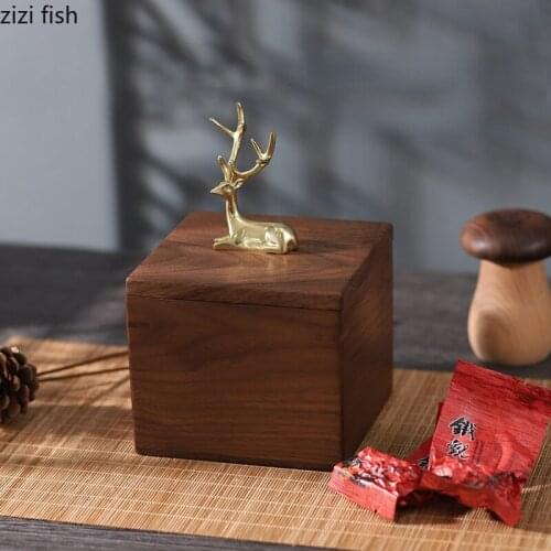 Black Walnut Storage Box Brass Animal Cover Solid Wood Tea Box Organizer Jewelry Boxes Snacks and Dried Fruit Boxes Storage Bins
