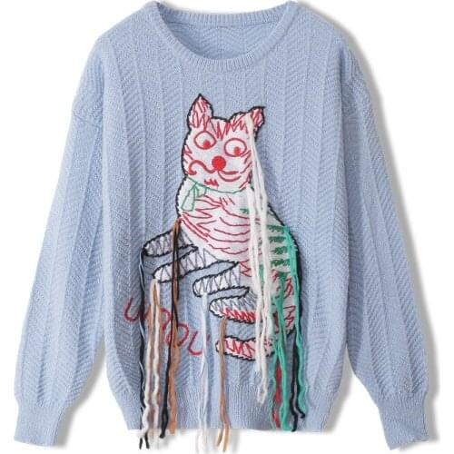 2020 Autumn Winter Sweater Pullover Lady Runway Luxury Clothes Loose Embroidery Tassel Jacquard Cat Embroidery Blue Women Jumper