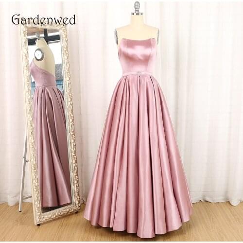Gardenwed Gray Pink A Line Long Dress Evening 2019 Vintage Strapless Backless Satin Party Gown robe soiree