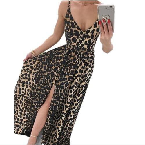 Spaghetti Belt Women Maxi Dress Fashion V-Neck Leopard Print High Waist Sleeveless Nightclub Split Gown Vestidos De Muje