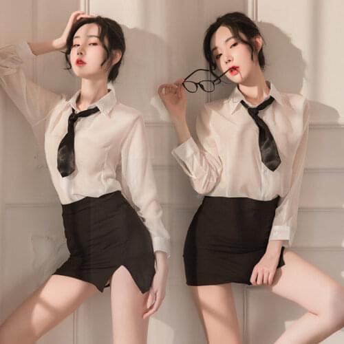 2020 Sexy Lingerie Long-Sleeved V-Neck Button Tie Tight-Fitting Hip Side Slit Skirt Secretary OL Uniform Temptation Teacher Suit