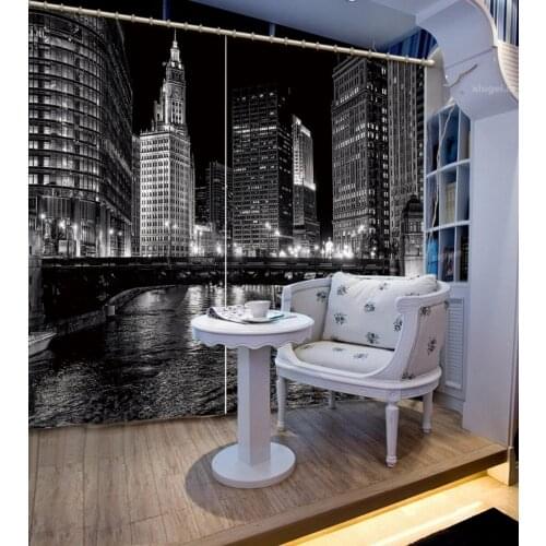3D Curtain Custom Any Size Beautiful Photo Black And White City Night Lights 3D Curtain Blackout Curtain Living Room