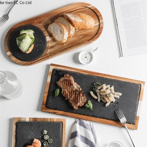 American solid wood pizza plate wooden tray black slate plate acacia wood bread board western food Japanese cuisine set plate