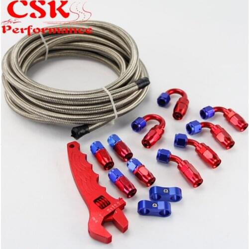 AN4 5M Stainless Steel / Nylon Braided Oil Fuel Hose End Fitting w/ Wrench Tools Spanner Kit Black/Silver