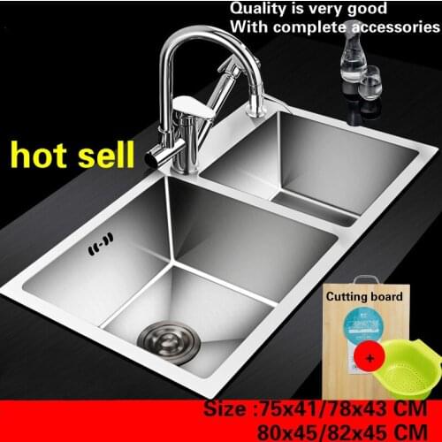 Free shipping Standard deluxe kitchen manual sink double groove food grade 304 stainless steel durable 75x41/78x43/80x45/82x45CM