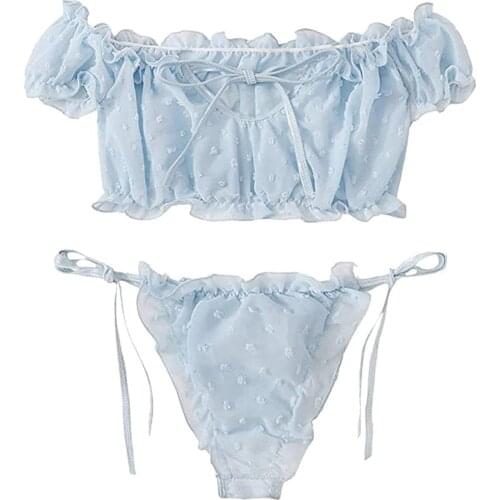 2PCS/Set Off Shoulder Lace Up Bikinis Women Sweet Casual Short Sleeve Suits Swimsuits Beachwear Bathing Suits Sexy lingerie