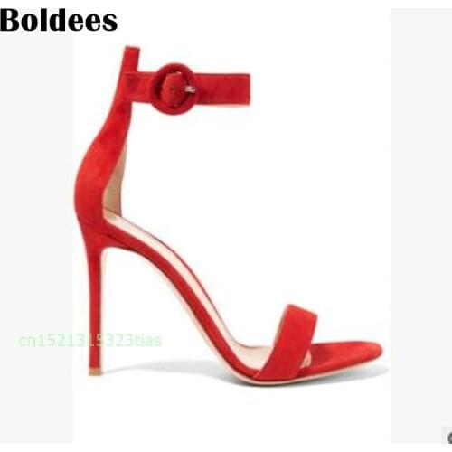 Concise Red Black Nude Suede High Heels Sandals Women T Ankle Strap Summer Dress Shoes Bridal Open Toe Sandals