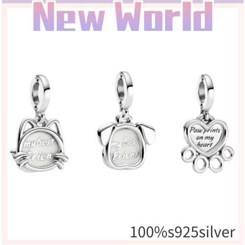 925 Sterling Silver My Pet Dog Cat Hearts & Paw Dangle diy Charm bead Fit Original Pando Bracelet DIY Jewelry For Women
