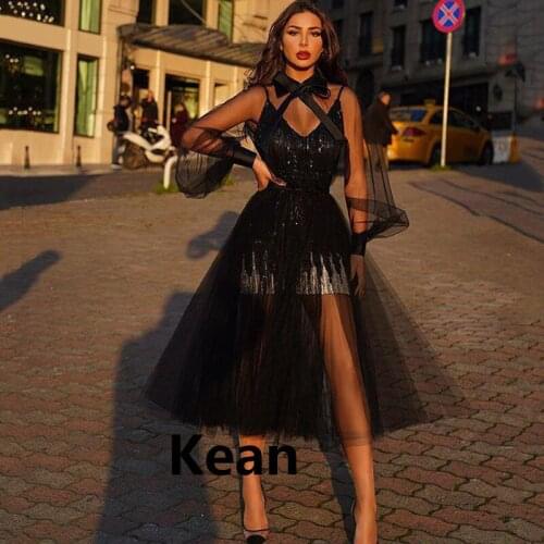 Black Evening Dress Illusion Applique Puff Sleeve Islamic Dubai Saudi Arabic Evening Gown Prom Dress vestidos de festa