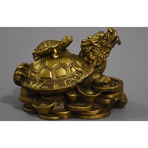 Chinese Feng Shui Pure Brass Wealth Coin Yuan Bao Dragon Turtle Tortoise Statue